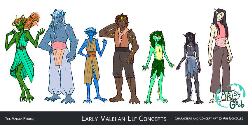 Thicket Elf, Stone Elf, Storm Elf, Fire Elf, Expanse Elf, Depths Elf and Silent Elf early concepts