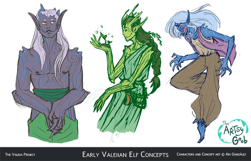 Stone Elf, Thicket Elf and Storm Elf early concept art